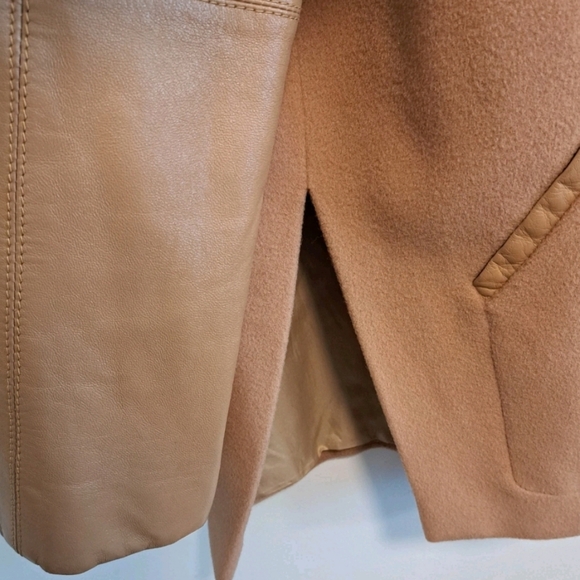 Tomaso Stefanelli Wool Coat Leather Sleeves Camel Italian Designer Sz XL 46 - Picture 10 of 14